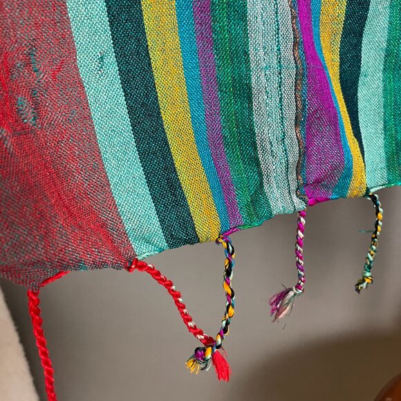 Long Striped Scarf Woven Sparkle Fringe Boho Metallic 82" x 28.5" Green Purple - Picture 8 of 11